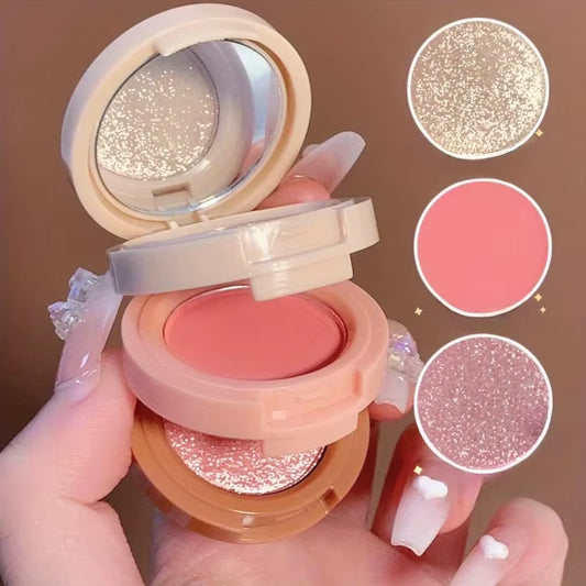 3In1 Blush Palette Pressed Highlighter Palette Longlasting Waterproof Matte Highlighter Shimmer Blush Makeup