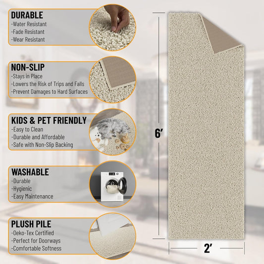 2' X 6' Shaggy Runner Rug - Plush & Cozy Non-Slip Carpet for Bedroom, Living Room, Bathroom & Entryway - Durable & High-Traffic Friendly for Hallways & Dorms, Cream